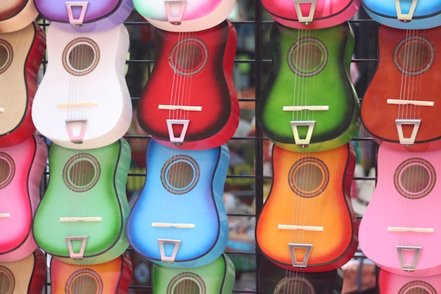 Wall of colored ukuleles