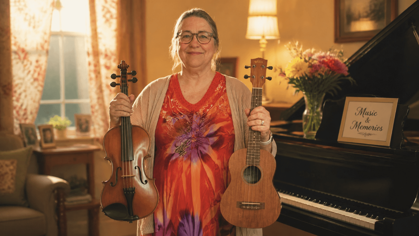 Jenny with piano, violin and ukulele